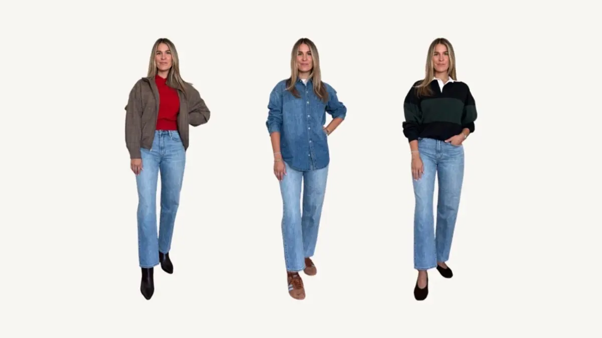 Three Fall 2026 capsule looks: a plaid jacket over a red knit, an oversized denim shirt, and a striped rugby sweater, each with straight-leg jeans