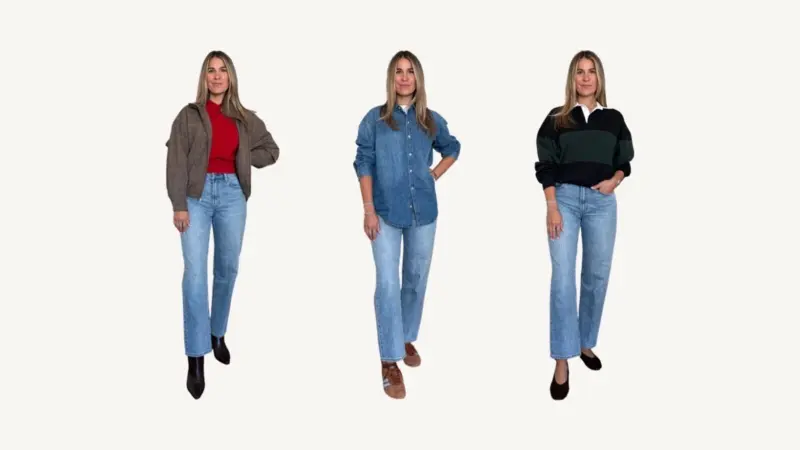 Three Fall 2026 capsule looks: a plaid jacket over a red knit, an oversized denim shirt, and a striped rugby sweater, each with straight-leg jeans