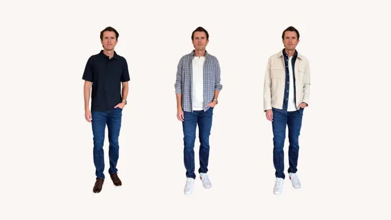 Three Men's Fall 2026 capsule looks: a navy knit polo, a plaid button-up over a white henley, and a light neutral jacket over a dark denim shirt, each with dark-wash jeans